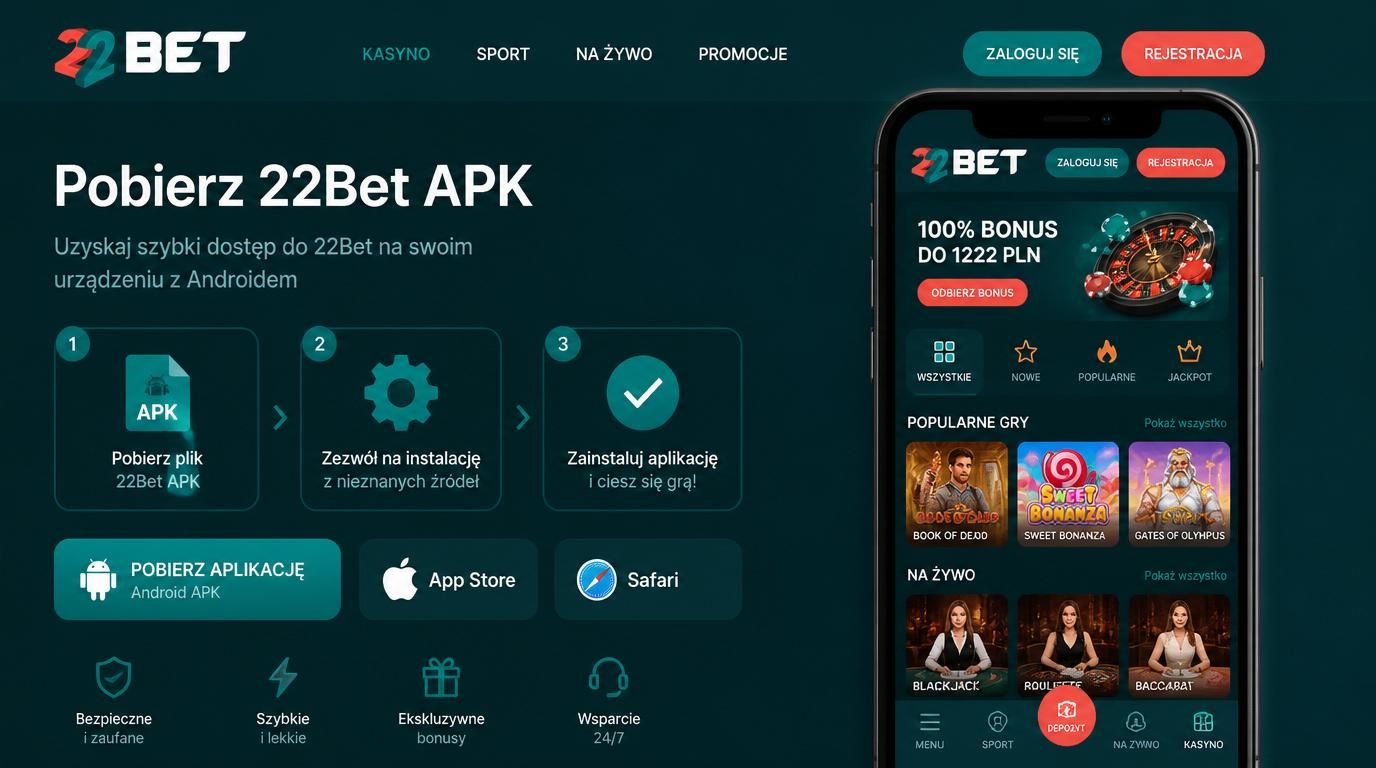Ikona telefonu z napisem „Pobierz aplikację 22Bet APK” nad przyciskami „Android” i „iOS”