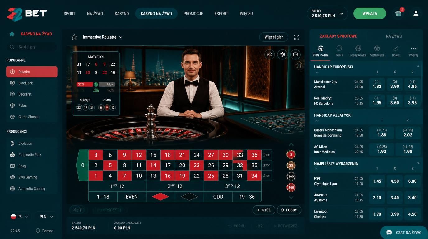 Interface kasyna z zakładami handicapowymi i kasynem w tle