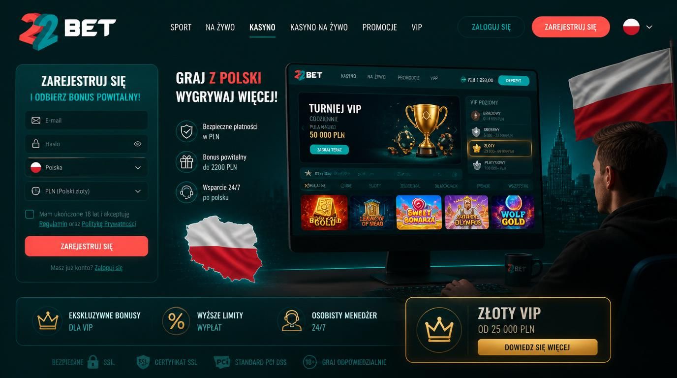 Gracz trzymający laptopa z formularzem rejestracji i flagą Polski, akcenty premium