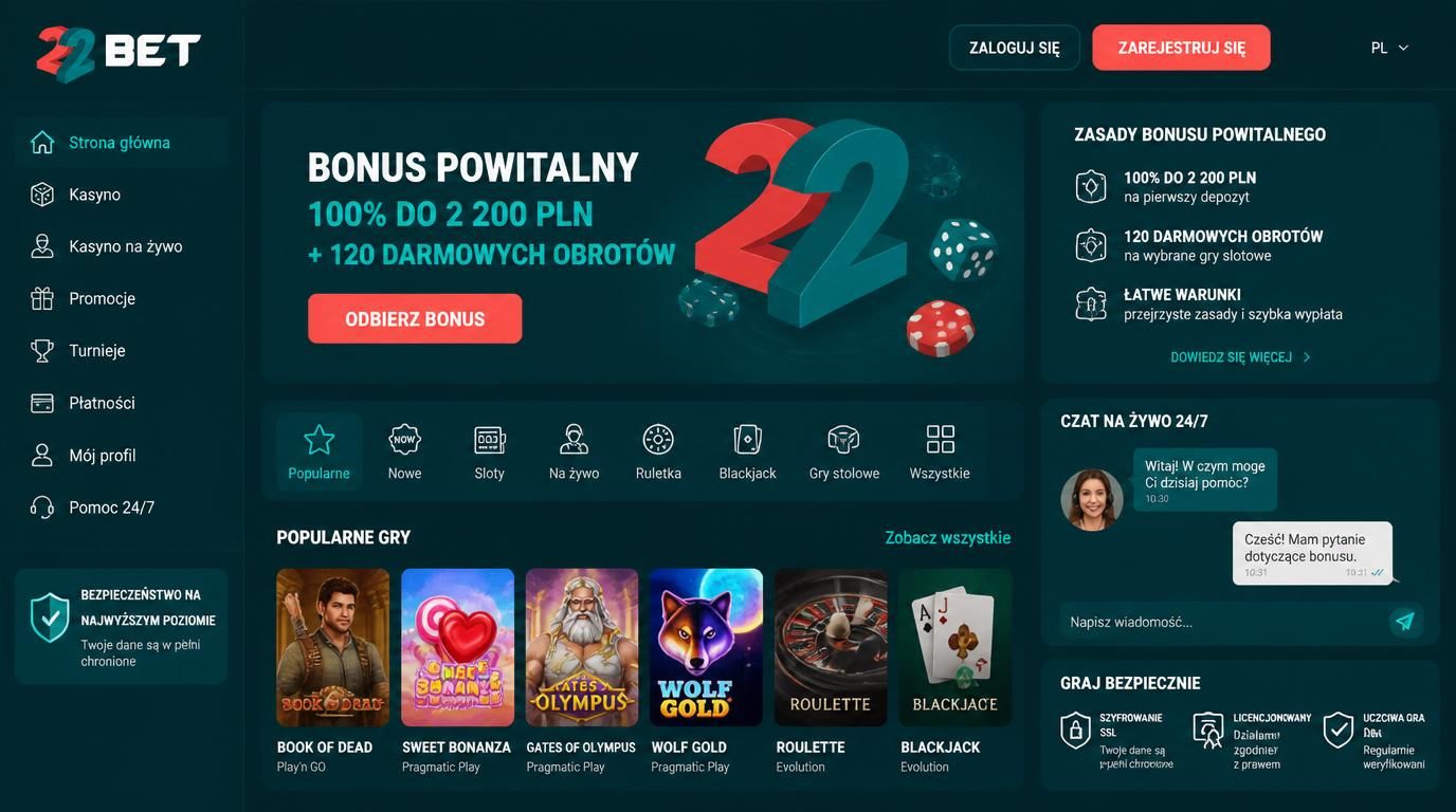 Postać korzystająca z czatu na żywo z pomocą techniczną Kasyno 22Bet z wyraźnym regulaminem w tle